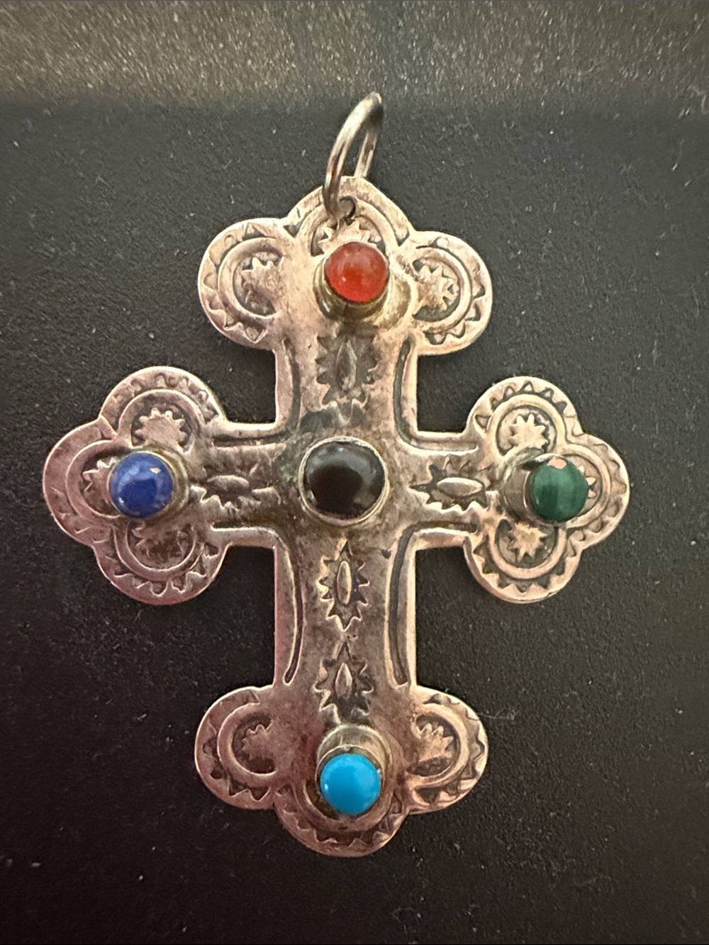Vintage-Inspired Multistone 925 Silver Cross Pendant with multi colored stones